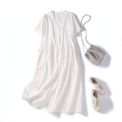 WhiteTime Han เสื้อคอวีตัวใหญ่สำหรับผู้หญิง,เสื้อเชิ้ตลำลองฤดูร้อนใหม่ Dress301T2424ฤดูร้อน