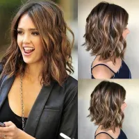 HAIRJOY Synthetic Hair Brown Highlight Short Middel Part Curly  Wigs for White Woman Wig  Hair Extensions Pads