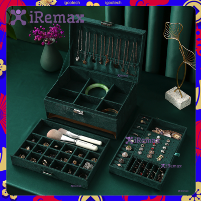 iRemax *พร้อมส่ง*หรูหรา* กล่องเก็บเครื่องประดับ ถาด2ชั้น+ลิ้นชัก1ชั้น มีตัวล็อก กล่องกำมะหยี่ กล่องเครื่องประดับ สีเขียวมรกต Jewelry Box