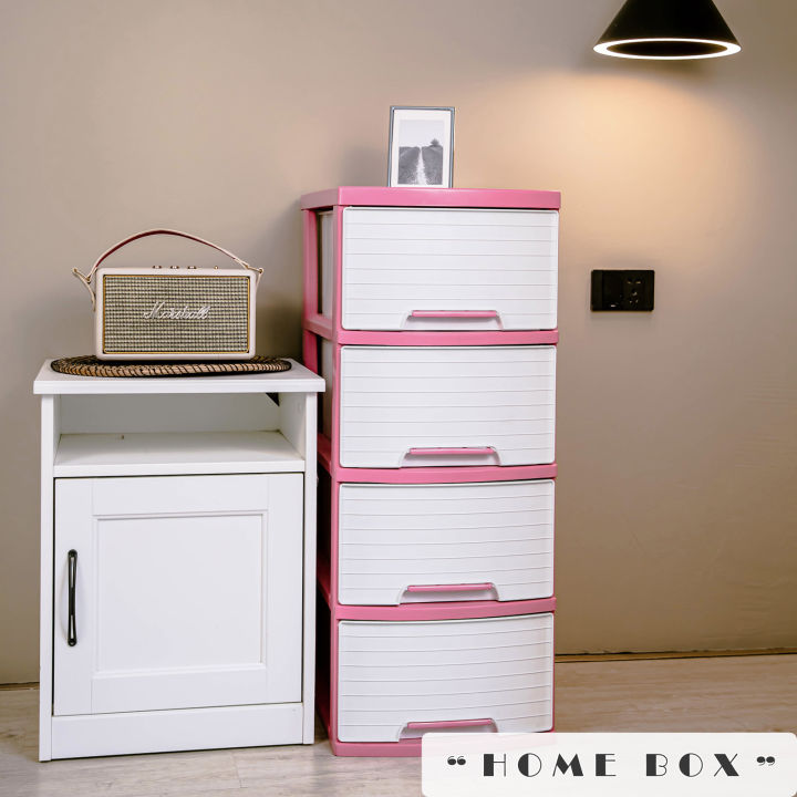 ลิ้นชักเก็บของ-4-ชั้น-สีขาว-โครงสีชมพู-ที่จับสีชมพู-ลายหน้าเรียบ-ตู้เก็บของ-ตู้เก็บเสื้อผ้า-รุ่น-a-002-8-white-pink-drawers-4-tiers