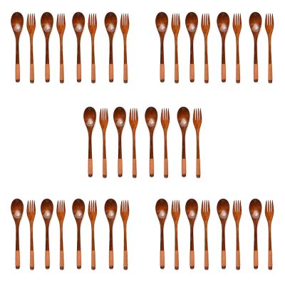 40 Pcs Wooden 9 Inch Japanese Spoon Fork Set Kitchen Tableware Natural Wood Cutlery Wooden Dinner Cutlery Set