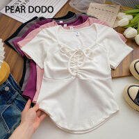 PEAR DODO เสื้อยืดคอสี่เหลี่ยมสไตล์เกาหลีสั้นแขนสั้นมีสายรูดสำหรับผู้หญิง