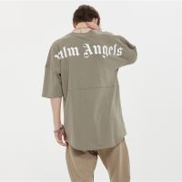 เสื้อยืดแขนสั้นพิมพ์ลายตัวอักษร Palm Angels ลําลองทรงหลวมแฟชั่นสําหรับผู้ชาย bnm