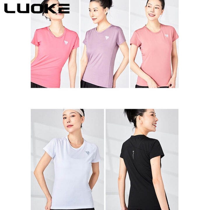 luoke-รอบคอบางกีฬาลำลองเสื้อยืดสตรีฤดูร้อนแห้งเร็วแขนสั้นกลับใต้วงแขนระบายอากาศกีฬาของผู้หญิง