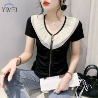 YIMEI เสื้อยืดผู้หญิงสวยๆมีซิป2023คอตุ๊กตาผ้าบางเสื้อสีดำสำหรับฤดูร้อน