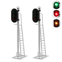 2pcs Model Railway Signals O Scale 1:43 Green Yellow Red Block Signal Traffic Light Silver Post with Ladder