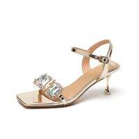 Square toe sandals womens 2023 new summer with skirt high-end sense niche transparent rhinestone one-line buckle heel