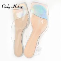 Onlymaker 2020ของผู้หญิงมาใหม่รองเท้าส้นสี่เหลี่ยมเปิดนิ้วเท้าสีใสส้นสูงปานกลางรองเท้าแตะผู้หญิงรองเท้าแตะรองเท้าส้นเตี้ย