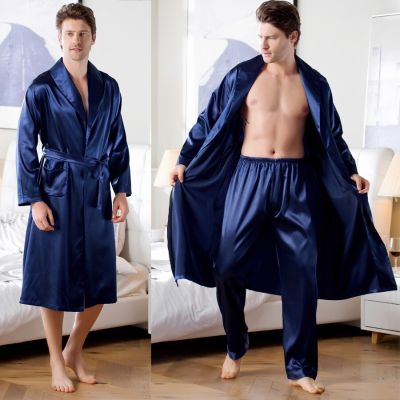 ชุดคลุม3XL สำหรับผู้ชาย,ชุดคลุมผ้าซาตินชุดกิโมโนชุดอาบน้ำชุดนอนชุดชั้นในวาบหวิวแต่งงานแขนยาวปกทรงหลวมชุดนอนลำลอง