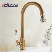 Single Cold Water Kitchen Sink Faucet Antique Brass Finished 360 Degree Copper Single Hole Handle Tap Deck Mounted Balcony