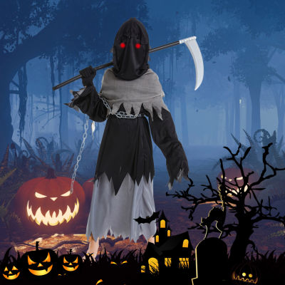 Grim Reaper Halloween Costume Halloween Scream Costume with Glowing Up Eyes for Boys Kids and Adult