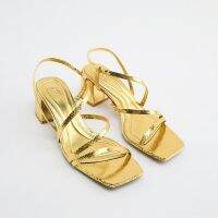 2022 New ZARAˉ Womens Shoes Gold French Coarse High Heel Square Head Sandals 2331910 091