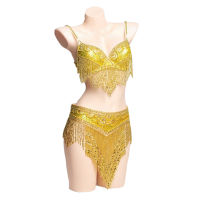 Golden Women Bellydance Clothes Eastern Style Beaded Top And Belt 2Pcs Set Costumes For Belly Dance Costume...