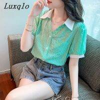 Luxqlo เสื้อเชิ๊ตผู้หญิงลายทาง,สไตล์สาวเกาหลีแฟชั่นใหม่คอปกเสื้อตัวหลวมลำลองแขนสั้นฤดูร้อน