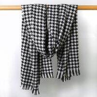 ผ้าห่มสำหรับผู้ชายผู้หญิงลายสก๊อตสีดำและสีขาว Houndstooth แคชเมียร์อบอุ่นหนา Pashmina ผ้าคลุมไหล่และผ้าพันคอสำหรับผู้หญิง