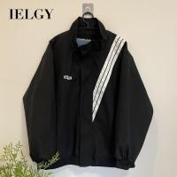 IELGY เสื้อแจ็กเก็ตผู้ชาย,เสื้อแจ็กเก็ตผู้ชายผ้าทวิลลายทางมีปกสามแท่งลายทางสำหรับฤดูใบไม้ผลิ