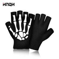 2023▽℡ Warm Knitting Gloves For Adult Solid Acrylic Half Finger Glove Human Skeleton Head Gripper Print Cycling Non-slip Wrist Gloves