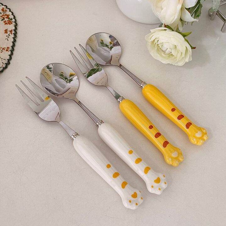 ins-ceramic-cute-cartoon-cat-paw-small-cow-fork-spoon-tableware-dessert-spoon-student-portable-tableware-home-serving-utensils