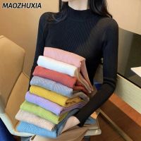 เสื้อถักของผู้หญิง MAOZHUXIA เสื้อกันหนาวคอเต่าครึ่งหนึ่งใหม่ฤดูใบไม้ร่วงและฤดูหนาว2023ชั้นในสไตล์ทันสมัยปกกลางเสื้อกันหนาวแบบถักเพรียวบาง