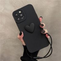 Korean Cute 3D Black Love Heart Soft Phone Case with Wrist Strap For iPhone 14 13 12 11 Pro Max X XS XR 7 8 plus Simple Cover