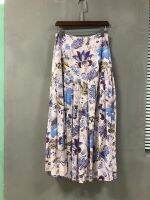 Women Floral Printed Pleated Long Skirts Ladies High Waist Simple Fashion Midi Jupe