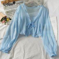 [A innovation] 2022 Bow Lacing Cardigan Shawl Short Top ShirtWomenLong Sleeves Loose MeshTransparent Sun Protection Blouses