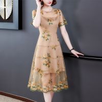 【jw】۩♞  2023 Embroidery Dresses Mesh Floral Vacation Bodycon Vestidos