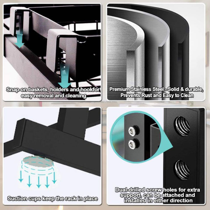 ชั้นวางของในเครื่องครัวสแตนเลสบนอ่างปรับความยาวได้ชั้นวางพักจานยึดออแกไนเซอร์จัดเก็บพร้อมตะขอ4อัน65-85ซม-85-105ซม