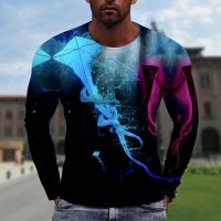 2023 In stock Spring and Autumn New T-shirt Mens Loose Round Neck 3d Printing Long-sleeved Sports T-shirt Mens，Contact the seller to personalize the name and logo