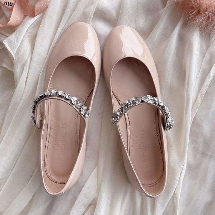 รองเท้าแตะส้นสูงปานกลางสำหรับผู้หญิงรองเท้าส้นเตี้ยรองเท้าโลลิตาคริสตัล-marie-jane-dress-model-baru-ปาร์ตี้ฤดูร้อน2023