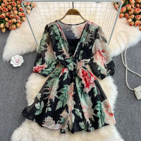 2022 Spring New Fashion Seaside Vacation V-neck Printed Chiffon Dress Pants 5-sleeve High Waist Slim Jumpsuit Dress