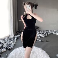 2022 Women Sexy Black High Split Cheongsam Hollow Out Strap Cheong-sam Chinese Style Dress Uniform Suit Set Sexy Lingerie Girl