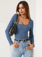 [เคลียร์สต๊อกขาย]Celmia YOINS เสื้อเข้ารูปอเนกประสงค์ของผู้หญิงเสื้อยืดคอเสื้อแขนยาวสี่เหลี่ยมสีพื้นแฟชั่น#20
