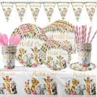 ♀✕❉ Baby 1st Birthday Girl Party Decorations Wild One Birthday Tableware Paper Cups Plates Baby Shower Girl 1 Year Old Birthday Deco