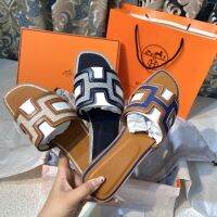 The latest models of color blocking denim Her mmesˉslippers female leather flat sandal slippers foreign trade big brand slippers