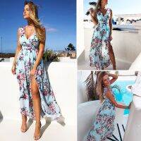 【Ladies shop】2020 WomenChiffon BohoPrint Long Beach แขนกุดคอวีเอวสูงชุดราตรีแฟชั่นแยก Sundress