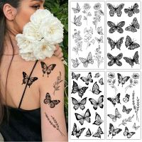 Black Flower Butterfly Temporary Tattoos For Women Men Wild Plant Fake Tattoo Sticker Adults Face Hands Body Art Tattoo