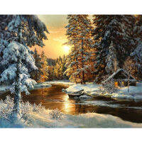 WHYUS-Hand Painted Snow River Numbers Oil Painting Swans Lake Home Decor