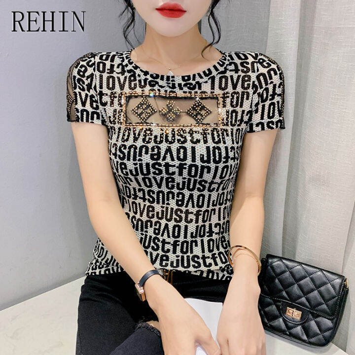 rehin-เสื้อยืดแขนสั้นทรงสี่เหลี่ยมกลวงสำหรับผู้หญิง-เสื้อลูกไม้ปักลายอักษรยอดนิยมเสื้อ-m-3xl-เข้ารูปพอดีฤดูร้อน