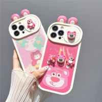 เคสป้องกันเลนส์แบบผลักดึงสำหรับ IPhone 11 12 13 14 Pro Max เคส3D Strawberry Bear ฝาหลังเคสโทรศัพท์กันกระแทก PU นิ่ม