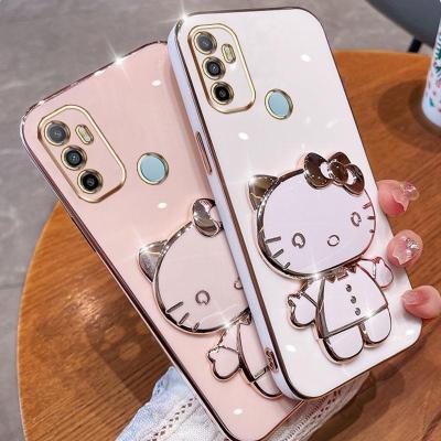 Folding Makeup Mirror Phone Case For OPPO A53 2020 A33 2021 A32  Case Fashion Cartoon Cute Cat Multifunctional Bracket Plating TPU Soft Cover Casing