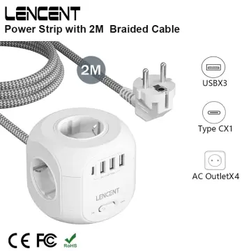 LENCENT EU Plug Power Strip with 3 AC Outlets +3 USB Charging Ports+ 1 Type  C 5V 2.4A Adapter 7-in-1 Plug Socket On/Off Switch