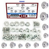 138Pcs 304 Stainless Steel Serrated Metric Flange Nuts Insert Hex Lock Nuts Assortment Kit - M3 M4 M5 M6 M8 M10 M12 Nails  Screws Fasteners