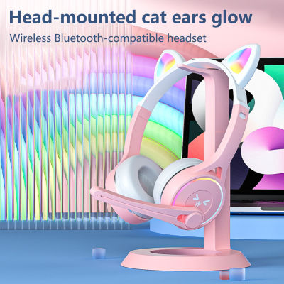 หูฟังบลูทูธที่รองรับครอบหูสนับสนุน TF การ์ดชุดหูฟังสำหรับเล่นเกมแบบไร้สายหูแมวน่ารักแสงแฟลช RGB พร้อมสติกเกอร์สำหรับเด็ก