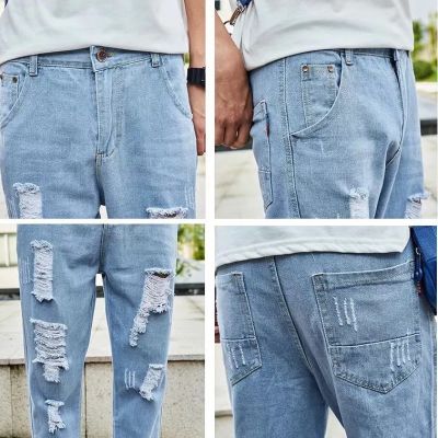 【High Quality】27-34 Light Blue Denim Broken Hole Jeans All-Match Casual Pants Mens Straight Fit Youth Simple Pants strechable Skinny loose washing jeans broken hole nine point pants men