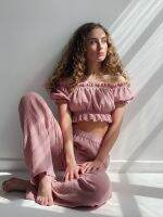 Womens Pajamas Solid Color Trouser Suits Sexy Slash Neck Autumn Suit For Women Sleepwear Cotton Loungewear Ruffle Womens Pijama