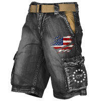 ผู้ชาย R American Flag 1776พิมพ์ล้างเครื่องมือ Capris กางเกงขาสั้น Denim กระเป๋า Gothic Punk กางเกงขาสั้นผู้ชายสำหรับกางเกงยีนส์ฤดูร้อน