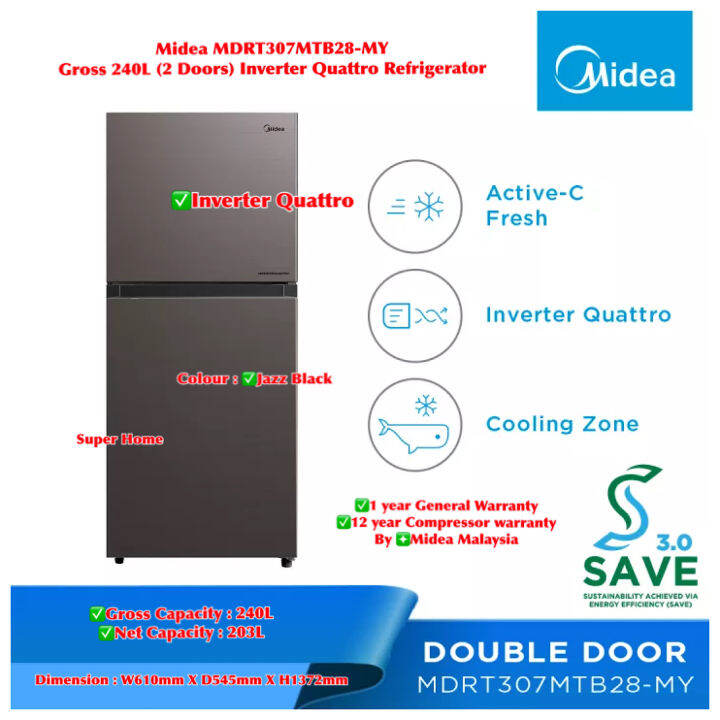 Midea Inverter Quattro Refrigerator MDRT307MTB28MY 2 Door Inverter