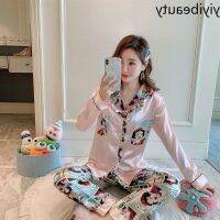 COD SDFGERGERTER yiyibeauty Autumn female sweet cartoon printed silk turn down collar long-sleeved shirt and pants casual fashion confortable sets sleepwear two-piece