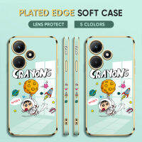 ฟรีสายคล้อง + เคสมือถือสำหรับ Infinix 30i ร้อน X669การ์ตูนน่ารักแฮปปี้นาซ่าอวกาศนักบินอวกาศชินจันเคสลายขอบสี่เหลี่ยมชุบเคสโทรศัพท์เคสนิ่มสุดหรู